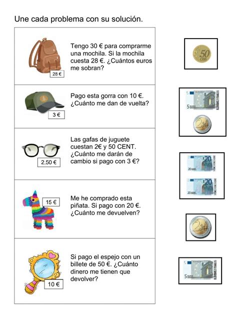 ejercicios fichas de monedas y billetes de euro para imprimir|Fichas con Monedas y Dinero para Niños. Actividades con Euros.